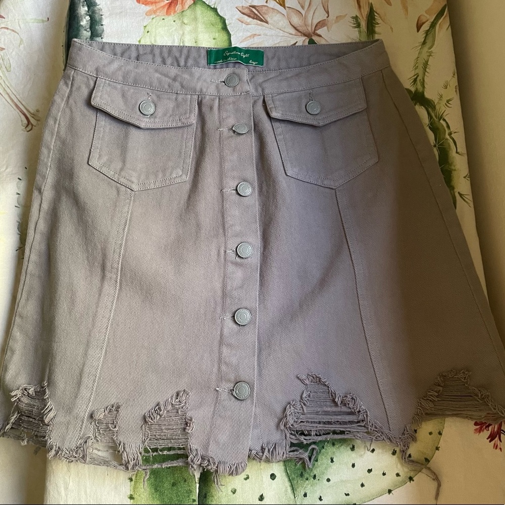 Light Purple/Gray Denim Distressed Button Up Skirt, Size Large fits Medium